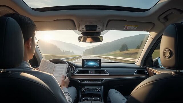 Man reading book comfortably while autonomous vehicle demonstrates self-steering capability and hands-free driving technology advancement