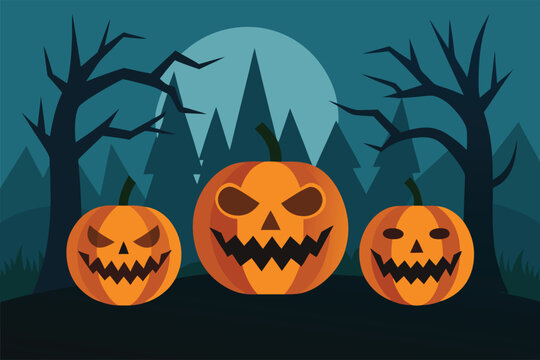 three jack o  lanterns with different expressions 