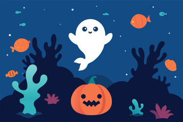 Fototapeta premium underwater halloween with ghostly sea creatures an