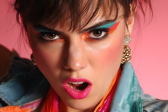 Close-up of a woman with striking, exaggerated neon makeup and bold expression, embodying 80s pop culture, vibrant individuality, and confident rebellion.