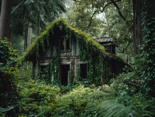 An abandoned, overgrown wooden house nestled in a dense, lush forest