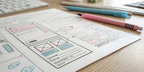 Financial success and investment planning depicted through a business stock market chart and graph on paper with a pen, calculator, and computer in an office