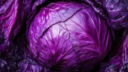 Obraz premium Close-up view of the detailed texture of a head of red cabbage.