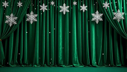 Emerald green velvet curtains with snowflake decorations