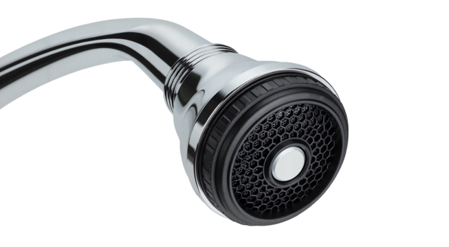 Shower head with chrome finish and black aerator on a light background with copy space