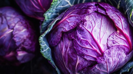 Close-up view of vibrant purple cabbage leaves.