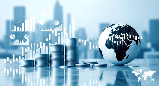 Stacks of coins and globe with financial charts overlayed on a city background in blue tones - Powered by Adobe