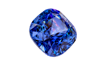 A blue gemstone sits on a white background