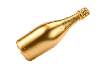 A gold bottle of champagne with a gold label