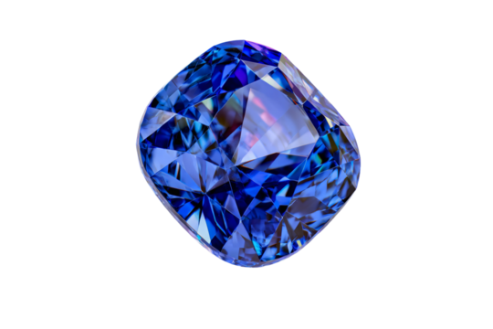 A blue gemstone sits on a white background