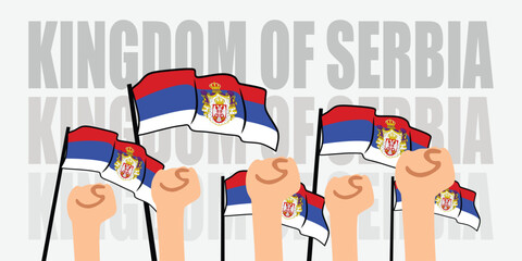 hand with flag of the kingdom of Serbia or kingdom of Serbia independence day vector illustration of kingdom of Serbia flag with gray background banner or greeting card