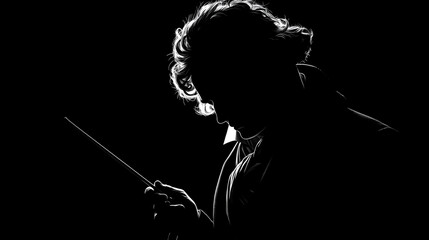 beethoven as conductor raising his baton silhouette on black background
