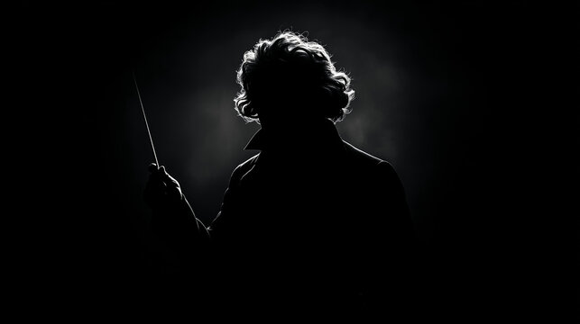 beethoven as conductor raising his baton silhouette on black background