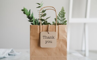 Eco-Friendly Gift Bag: A rustic brown paper bag overflows with lush greenery, a small tag simply says Thank You