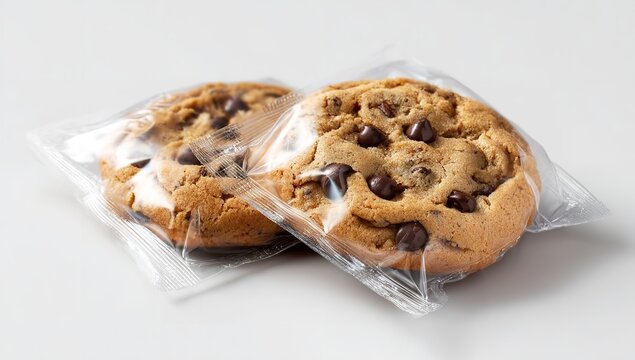 Two Chocolate Chip Cookies in Clear Plastic Pouches Isolated on White Background, Minimalist Food Packaging Concept