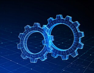 A closeup view of two intertwined blue wireframe gears against a dark digitally patterned background