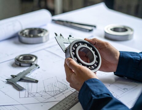 Closeup of an engineers hands using a caliper to measure a ball bearing on a desk with blueprints