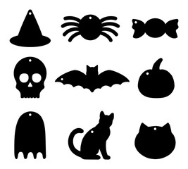 Halloween Themed Bag Label Template Clipart Illustrations with Silhouette Stamps of Pumpkin, Candy, Ghost, Cat, Bat, Spider, Skull and Witch's Hat