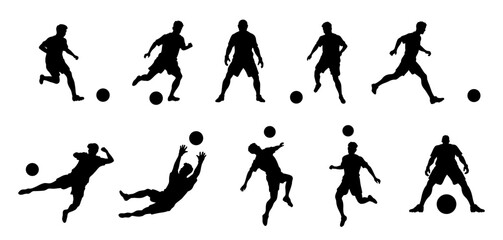Soccer or Football Player Silhouette Poses Clipart with Ball on a Transparent Background