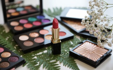Cosmetics Collection: A meticulously arranged collection of makeup essentials, featuring vibrant eyeshadow palettes, a striking lipstick, and radiant powders, ready to transform and enhance beauty.
