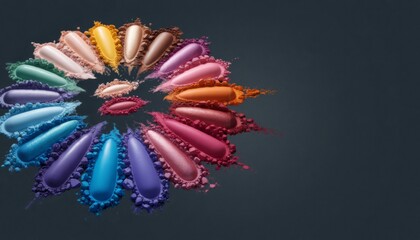 Swatches of Makeup: An artistic arrangement showcases an array of shimmering makeup swatches in a vibrant, chromatic spiral, creating a visually stunning display of beauty and elegance.