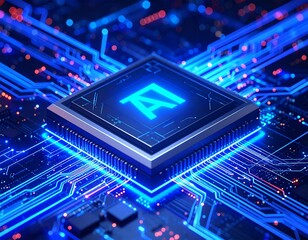 The glowing ai chip at the heart of a futuristic digital circuit board