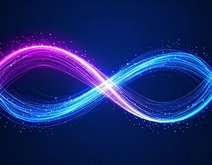 An abstract infinity symbol formed by glowing blue and pink light streaks on a dark blue background