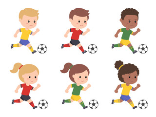 Cartoon Kids Playing Soccer or Football Clipart Illustration, with Boy and Girl Variations
