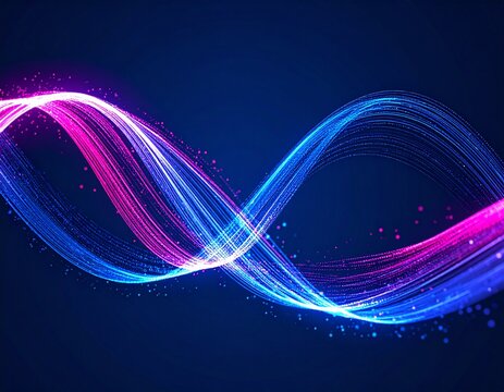 An abstract infinity symbol formed by glowing blue and pink light streaks on a dark blue background