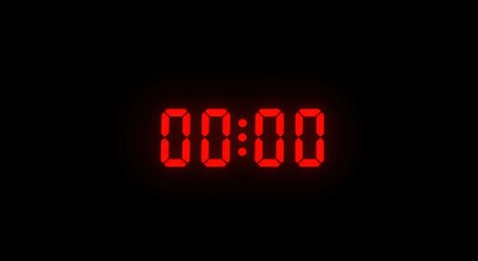 Digital timer displaying 00:00 in bright red on black background with copy space  