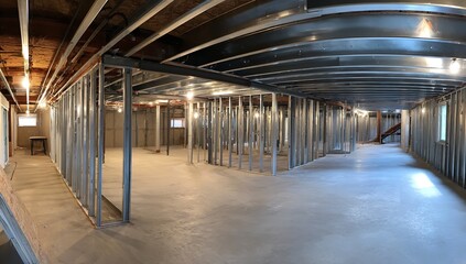 Fototapeta premium Unfinished Basement with Steel Beams, Concrete Walls, and Metal Frames, Long Hallway Leading to Multiple Rooms