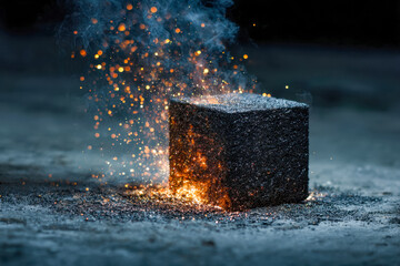 Sparks and flames erupting from a burning black cube on a dark surface