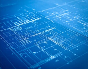 A detailed architectural blueprint with clear lines and shaded areas presented in a striking blue tone suggesting meticulous planning