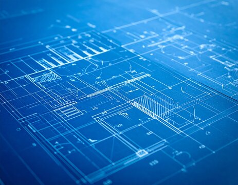 A detailed architectural blueprint with clear lines and shaded areas presented in a striking blue tone suggesting meticulous planning
