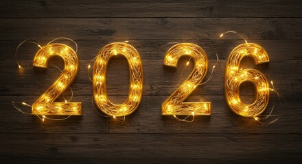 Illuminated 2026 numbers on wooden background with copy space  