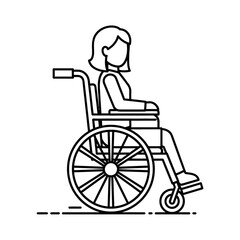 Fototapeta premium Line drawing of a woman with short hair sitting in a wheelchair, viewed from the side.