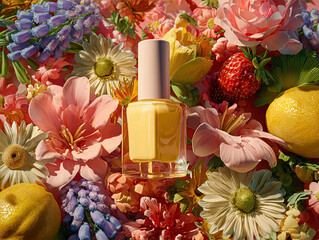 This vibrant photo features a bottle of yellow nail polish surrounded by a colorful array of blooming flowers, strawberries, and lemons, creating a refreshing and cheerful ambiance