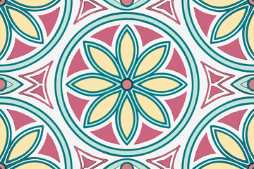 Geometric floral pattern with teal pink and yellow seamless background