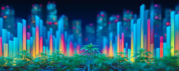 Obraz premium Vibrant cityscape with neon colors and lush greenery in the foreground.