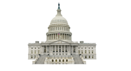 The iconic United States Capitol Building, white marble, grand neoclassical architecture, majestic dome with Statue of Freedom, precise details, against a seamless transparent background with bright