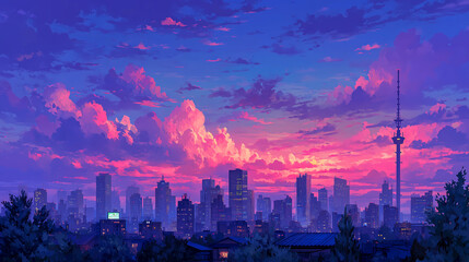 Obraz premium Colorful sunset over a vibrant city skyline with clouds.
