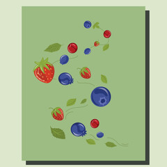 Berry Card with Wild Fruits, Mixed Forest Berries and Leaves on Green, Wild Berry Card, Berry Wind, Swirl