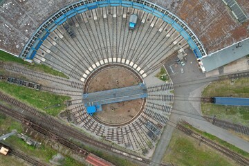 Railway turntable for locomotives aerial view train turntable