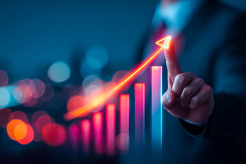 Business professional pointing at a glowing growth bar chart with upward trend arrow