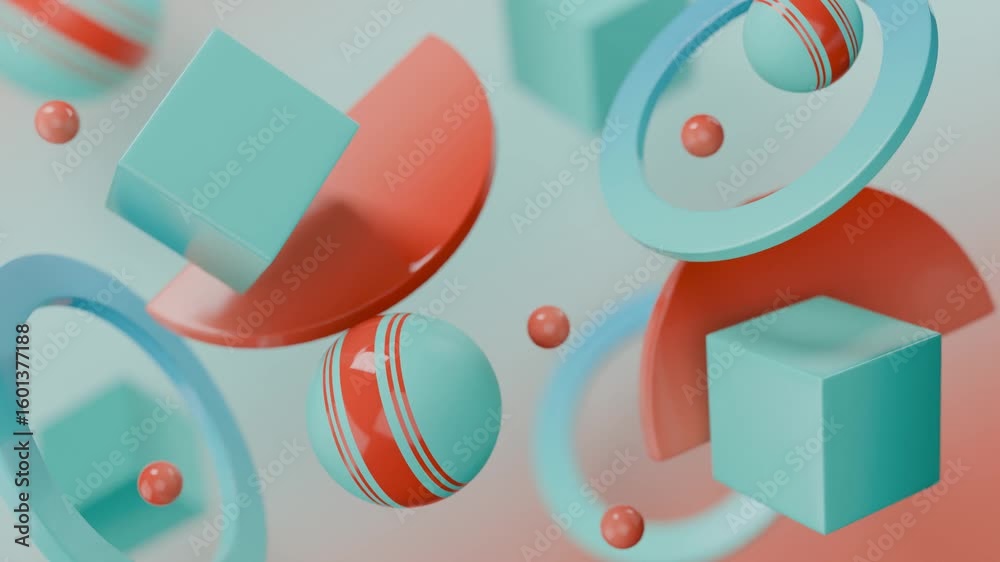 Wall mural abstract 3d teal cubes spheres and rings in a 3d render. gradient abstract 3d seamless loop - motion