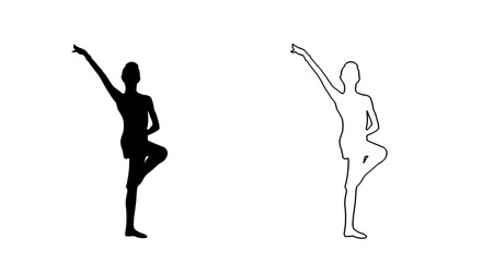 silhouette of a woman performing ballerina pose, minimalist black and white line art, elegant, graceful, digital art
