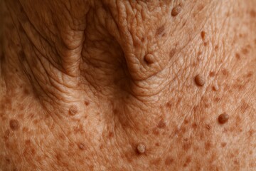 Obraz premium Close-up of aged skin texture with wrinkles and bumps showing detailed surface patterns. concept of aging process, human skin study, dermatology insight