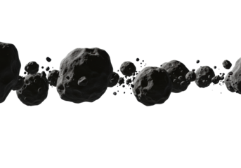 Dark, jagged asteroids and scattered debris of varying sizes, exhibiting clear contours, suspended and drifting against a pristine clean white background with no shadows. Scientific visualization of