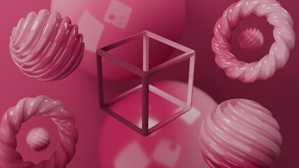 Abstract 3D Pink spheres cubes and rings float on a crimson background. Gradient abstract 3D seamless loop - motion background for creative video project. - Powered by Adobe
