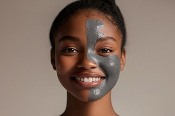 Smiling young woman demonstrating a charcoal face mask for skin care, promoting beauty and wellness